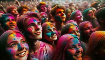 ai generato il facce di allegro persone partecipando nel il holi Festival siamo coperto con polvere nel occhiali da sole di rosa, blu, giallo e verde. generativo ai foto