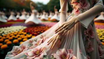 ai generato ballerini danza in mezzo fioritura fiori. generativo ai foto