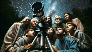 ai generato gruppo di amici guardare a il notte cielo utilizzando un' telescopio. generativo ai foto