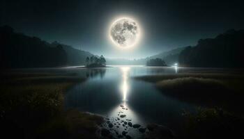 ai generato un' tranquillo notturno a il bordo di un' ancora lago, dove il riflessione di il Luna crea un' affascinante sentiero su il acqua. generativo ai foto