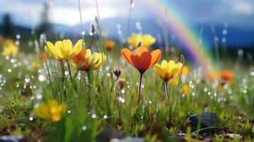 ai generato fiori nel il pioggia con un' arcobaleno nel il sfondo. generativo ai foto