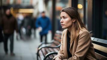 ai generato un' donna seduta su un' panchina nel davanti di un' città, con un' senso di malinconia. generativo ai foto