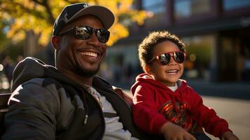 ai generato un' padre e figlio indossare occhiali da sole, sorridente nel il sole su un' strada. generativo ai foto