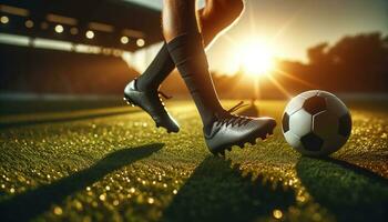 ai generato avvicinamento calcio Giocatori competere su il campo a tramonto. generativo ai foto