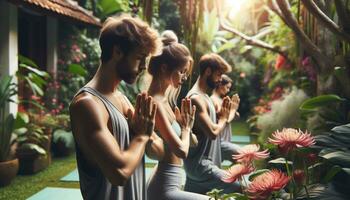 ai generato persone fare yoga nel un' lussureggiante giardino circondato di alberi e fiori. generativo ai foto