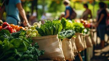 ai generato persone shopping a un' vivace all'aperto agricoltori mercato, navigazione fresco produrre e fatto a mano merce. generativo ai foto