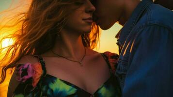 ai generato un' coppia abbracciare su un' spiaggia a tramonto, esprimendo loro amore e godendo il bellissimo scenario. generativo ai foto