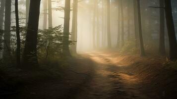 ai generato un' sereno sentiero nel il boschi con luce del sole filtraggio attraverso il nebbia, circondato di natura e alberi. generativo ai foto