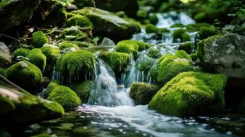 ai generato un' sereno ruscello di acqua a cascata al di sopra di rocce coperto nel lussureggiante verde muschio. generativo ai foto