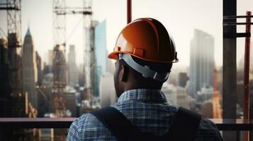 ai generato costruzione lavoratore nel arancia casco guardare a città orizzonte. generativo ai foto