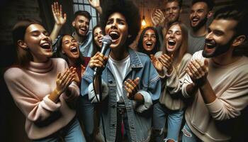 ai generato un' gruppo è cantando con un' microfono. generativo ai foto