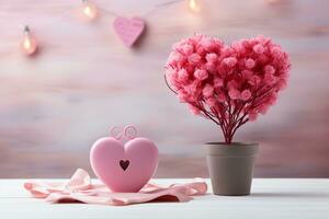 ai generato San Valentino giorno concetto con rosso cuore sagomato palloncini e regalo scatole generativo ai foto