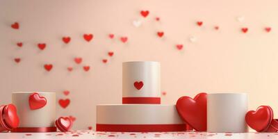 ai generato San Valentino giorno sfondo con regalo scatole e cuori 3d rendere San Valentino giorno generativo ai foto