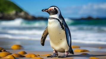 ai generato pinguino su il spiaggia foto