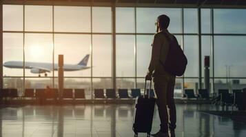ai generato viaggiatore uomo in piedi nel in piedi a il aeroporto finestra a aeroporto terminale ai generativo foto