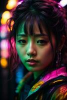 ai generato giovane donna con colorato capelli nel neon luci foto