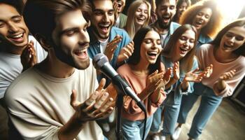 ai generato un' gruppo di amici siamo avendo divertimento insieme di allegramente cantando in il microfono. generativo ai foto