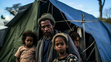 ai generato un' povero famiglia vite nel un' tenda. generativo ai foto