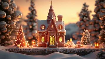 ai generato Natale Casa con Natale albero e candele nel il neve. generativo ai foto