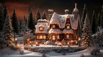 ai generato Natale Casa con Natale albero e candele nel il neve. generativo ai foto