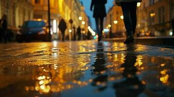 ai generato persone a piedi su bagnato strada a notte quando strada lampade illuminare il notte. generativo ai foto