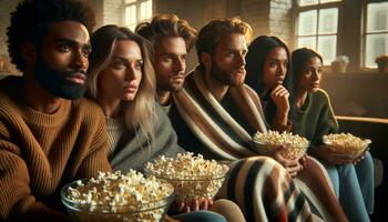 ai generato un' gruppo di amici sedersi su il divano e godere Guardando un' film mentre mangiare Popcorn insieme. generativo ai foto