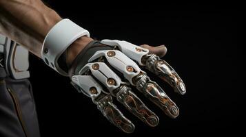 ai generato un' dell'uomo mano indossare un' robotica guanto, in mostra il fusione di umano e tecnologico capacità. generativo ai foto