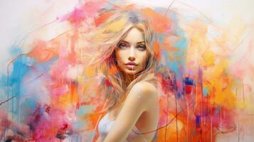ai generato un' pittura di un' donna con vibrante, multicolore capelli, in mostra un' unico e artistico espressione. generativo ai foto