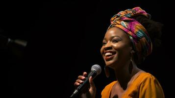ai generato un' donna con un afro appassionatamente cantando in un' microfono, in mostra sua musicale talento. generativo ai foto