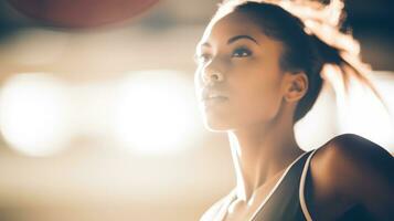 ai generato determinazione su il viso di un' professionale femmina pallacanestro giocatore. generativo ai foto