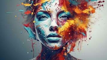 ai generato un' donna con colorato dipingere schizzi su sua viso, in mostra sua artistico espressione e creatività. generativo ai foto