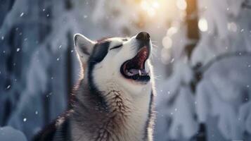 ai generato un' rauco cane in piedi nel il neve, bocca aprire, godendo il inverno scenario. generativo ai foto