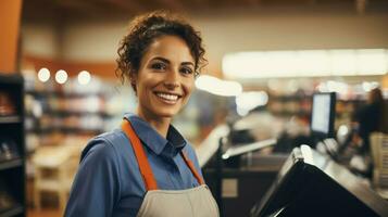 ai generato il cassiere nel un grembiule sorrisi nel davanti di il denaro contante Registrati. generativo ai foto