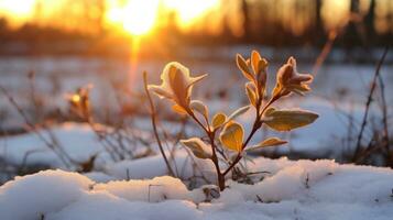 ai generato un' resiliente pianta prospera nel il neve a tramonto, in mostra il bellezza di della natura perseveranza. generativo ai foto