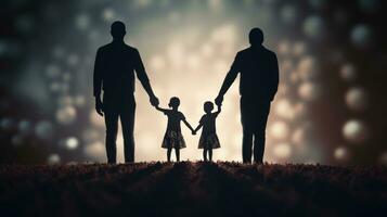 ai generato silhouette di un' famiglia Tenere mani, in piedi nel davanti di un' leggero sfondo. generativo ai foto