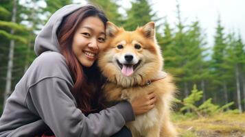 ai generato un' donna abbraccia un' cane affettuosamente in mezzo il sereno bellezza di il boschi. generativo ai foto