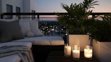 ai generato balcone ornato con candele e un' in vaso pianta, la creazione di un' accogliente e romantico atmosfera. generativo ai foto