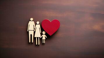 ai generato un' amorevole famiglia Tenere un' cuore su un' di legno sfondo, simboleggiante loro forte legame e affetto. generativo ai foto