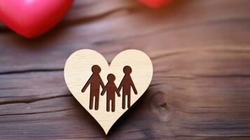 ai generato un' di legno cuore con un' famiglia silhouette acidato su esso, simboleggiante amore e unità. generativo ai foto