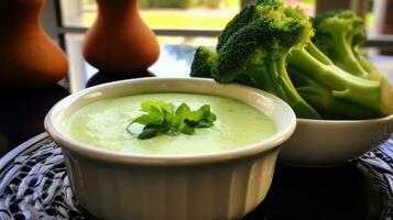 ai generato un' ciotola di la minestra e broccoli lato piatto. generativo ai foto