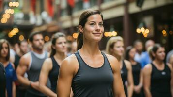 ai generato un' donna principale un' gruppo di persone nel gli sport attività. generativo ai foto