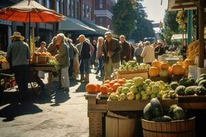 ai generato viaggio frutta agricoltura shopping venditore persona drogheria mercato contadino stalla cibo Al dettaglio foto