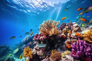 ai generato rosso tropicale corallo natura acquatico acqua vita natura in profondità subacqueo ecosistema scogliera foto