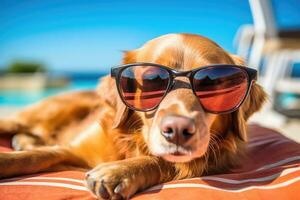 ai generato bellissimo cane animale domestico estate riposo cucciolo razza spiaggia occhiali da sole vacanza carino ritratto foto