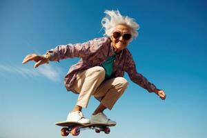 ai generato sport donna divertimento giorno nonna allegro persona stile di vita gioia bellissimo pensionato contento foto