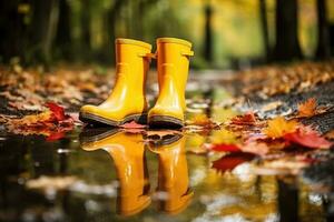 ai generato donna moda autunno natura stivali sfondo piede stagione all'aperto pozzanghera tempo metereologico pioggia foto