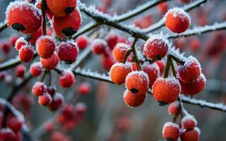 ai generato d'inverno bacio, incantevole brina coperta su mattina frutti di bosco foto
