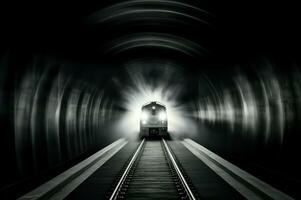 ai generato alto velocità treno con luci metropolitana tunnel. creare ai foto