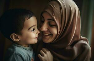 ai generato contento musulmano Turco affettuoso madre con figlio. creare ai foto