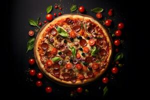 ai generato Pizza su un' buio sfondo con ciliegia pomodori. veloce cibo. ai generativo foto